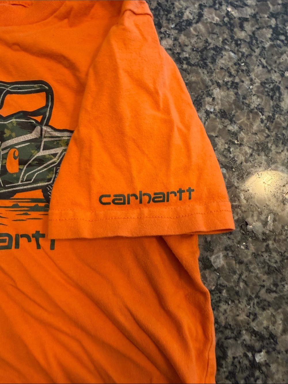 Carhartt Orange Graphic Tee with Green Camo Overall shorts - Picture 5 of 8